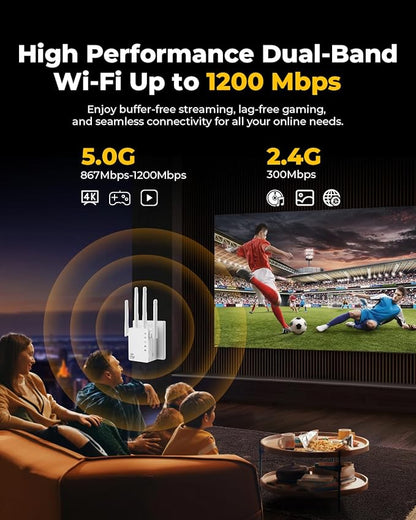 WiFi Extender, WiFi Extender Signal Booster Dual-Band(5.8G&2.4G) Wireless Repeater Coverage to 12880 sq. ft & 105 Devices, 1-Tap Setup, Supports Ethernet Port, Faster Speed