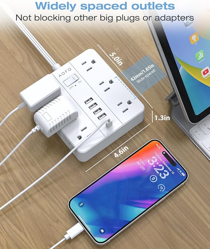 AOFO 20FT Surge Protector Power Strip,12 AC Outlets with 6 USB Ports (2 USB-C), Flat Plug Extension Cord with Multiple Outlets, Wall Mount for Home Office,Dorm, White
