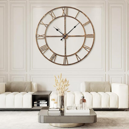 Ohweog Large Wall Clock for Living Room Decor – 60 Inch Silent Non-Ticking Modern Farmhouse Wall Clock, Oversized Decorative Metal Roman Numeral Clock (Bronze, 60 Inch)