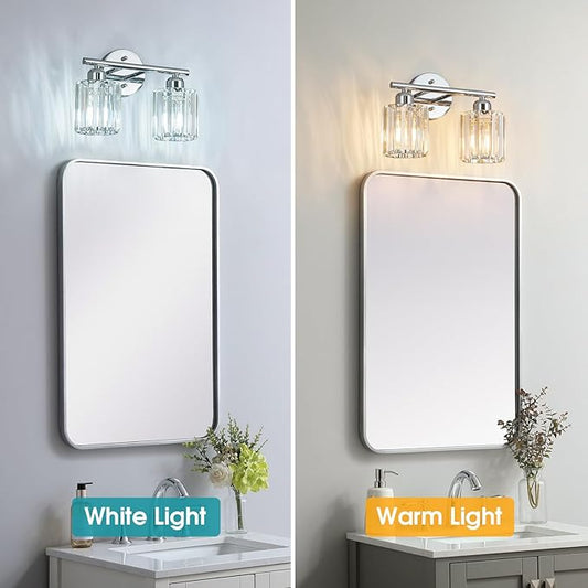 FDPBY Modern 2 Light Crystal Vanity Light, Chrome Vertical Bathroom Light Fixture Over Mirror for Dressing Table Sink, Compatible with Dimmable Bulbs (Bulbs Not Included)