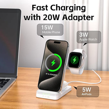 Wireless Charger, Tribone 3 in 1 Foldable Fast Charger for iPhone 16 15 14 13 12 11 Pro Max XR XS 8 Plus,for Multiple Devices，for Apple Watch 10 9 8 7 6 5 4 3 2 SE Ultra,for AirPods Pro 4 3 2 (White)