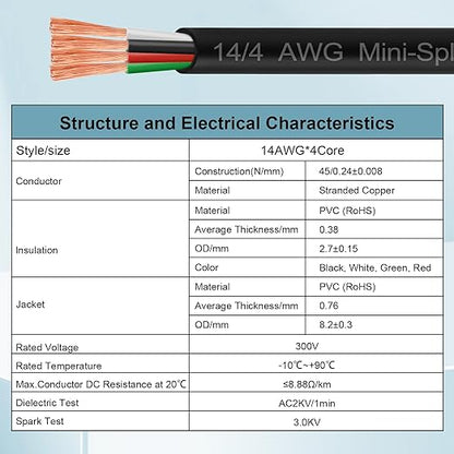 MOOKEERF 14/4 AWG Mini-Split Cable - 30FT 14 AWG 4 Conductor Control Cable 300V Stranded Oxygen-Free Pure Copper Wire for Mini Split Air Conditioner,Heat Pump,HVAC Systems and Speaker Systems
