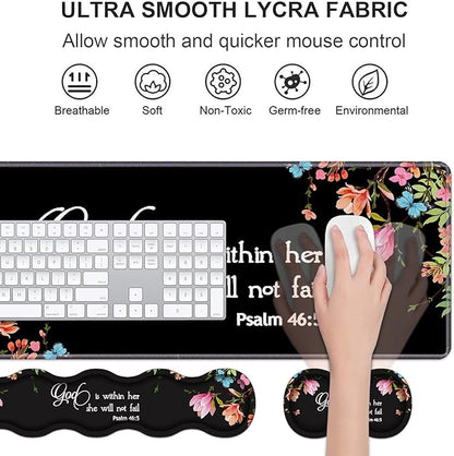 Ergonomic Keyboard Wrist Rest & Mouse Pad Wrist Rest Set,Large Gaming Desk Mat 31.5"x 11.8" with Non-Slip Base,Memory Foam,Easy Typing Pain Relief for Home & Office,Floral Quote Bible Verse Psalm 46:5