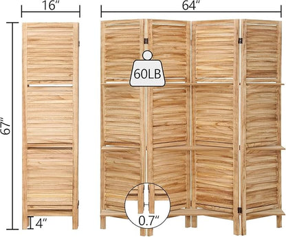 4 Panel Room Divider with Shelves, Room Dividers and Folding Privacy Screens, Folding Room Dividers 4 Panel, Wood Room Divider with 3 Display Shelves for Home Office (Natural)