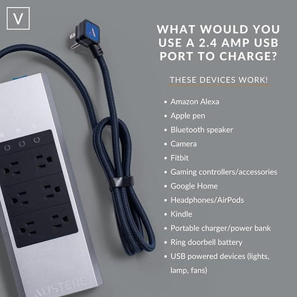 Austere V Series Surge Protector Power Strip, 6 Wide Outlet, 3 USB C & 2 USB A 2.4 amp Ports | 3000 Joules Heavy Duty, EMI/RFI Filtering, 5 Year Component Guarantee