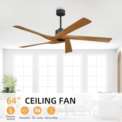 WINGBO 64" ABS DC Ceiling Fan No Light, 5 Blade ABS Plastic Ceiling Fan with Remote, 6-Speed Reversible DC Motor, Ceiling Fans without Light for Kitchen Bedroom Living Room, Matte Black and Walnut