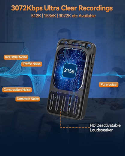 64GB Digital Voice Recorder with 2" Touchscreen & Bluetooth, 3072Kbps HD Dual Mic XIXITPY Audio Recording Device with Playback, Password, A-B Repeat, MP3 for Lectures, Meetings, Interviews