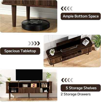 DAMCROP 62.4 Inch Fluted TV Stand, Modern Media Console Table with Sliding Tambour Door Farmhouse Sideboard Buffet Cabinet Fits TVs up to 75 inch, Wood Entertainment Center for Living Room(Dark Wood)