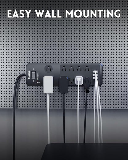 Surge Protector Power Strip 10FT, PLUGTUL Surge Protector with 10 Outlets - Spacious Design for Large Plugs, Flat Plug, 20W USB C Charging for Home, Office, ETL Listed，2040J