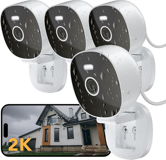 FAMVIVA 2K Security Camera, Outdoor/Indoor for Home, Pet, Baby, Nanny, IP65 Waterproof Color Night Vision, White Light & Siren, Recording, Motion Detection, Compatible with Alexa, White-4P