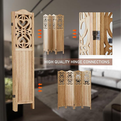 ALeesing 4 Panel Room Divider Fully Assembled, Carved Room Dividers and Folding Screens, 5.6Ft Wood Room Divider Screen Freestanding Partition Wall Dividers for Home Bedroom Office, Rustic Wood Color