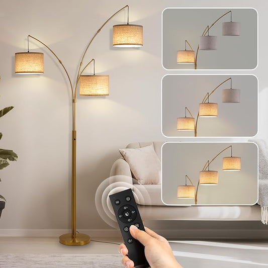 Fansdrick Gold Floor Lamps for Living Room, Super Bright Arc Floor Lamp with Remote Control, 3 Light Tall Floor Lamps with Stepless Dimmable, 80" Mid Century Tree Floor Lamp for Bedroom, Office
