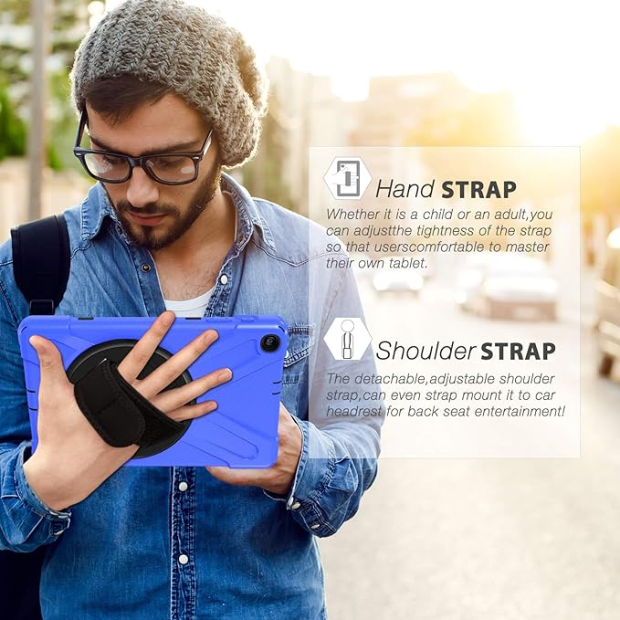 BRAECN for Galaxy Tab A 10.1 Case SM-T510/SM-T515,[Adjustable Hand Strap] [Rotating Stand] [Attachable Shoulder Strap] Heavy Duty Drop Protection Rugged Case for Samsung Tab A 10.1 Inch 2019 -Blue