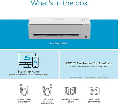 ScanSnap iX1300 Compact Wireless or USB Double-Sided Color Document, Photo & Receipt Scanner with Auto Document Feeder and Manual Feeder for Mac or PC, White