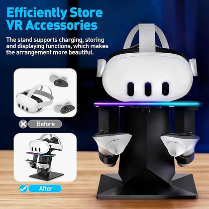 Charging Dock for Meta Quest 3S, Quest 3, 2 or Pro，RGB Charging Vertical Stand，Accessories with Brightness Adjustment and 14 Light Effects Adjustment, Type-C Charging Port