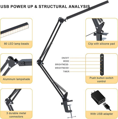 TROPICALTREE LED Desk Lamp for Home Office, Clamp-On with 5 Light Modes & Auto Shut Off | 14W Adjustable Brightness 5000K Eye-Caring Lighting for Study/Bedroom/Computer Desk