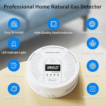 Explosion-Proof Natural Gas Detector Alarm - Ultra-Sensitive CH4/Propane Gas Leak Alert with 85dB Siren & Strobe Light, 10-Second Response Battery Methane Gas Monitor for Home RV Battery Include