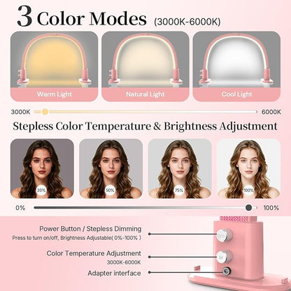 BLUVALL Half Moon Light for Nail Desk, Portable Nail Light for Desk with Phone Holder, Stepless Adjustment of Brightness and Color Temperature, Desk Lamp for Nail Tech, Eyelash, Tattoo, Makeup (Pink)