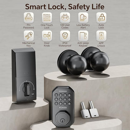 VCHOO Keyless Entry Door Lock with Handle, App Control Door Locks for Front Door, Auto Lock Keypad Door Lock with Handle, Smart Door Lock for Home Hotel Bedroom with 2 Door Knobs