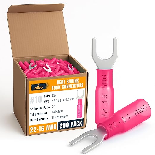 200PCS Red Heat Shrink Fork Spade Connectors #10 – 22-16 AWG Tinned Copper Terminals, Waterproof Wire Crimp Kit for Automotive, Marine, Speaker & Electrical Wiring