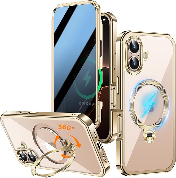[360° Rotatable CD Stand & Built-in Privacy Screen Magnetic Case for iPhone 16 [Compatible with MagSafe & Full Signal] Mil-Grade Shockproof Full Body Anti-Spy Cover for 16-Gold