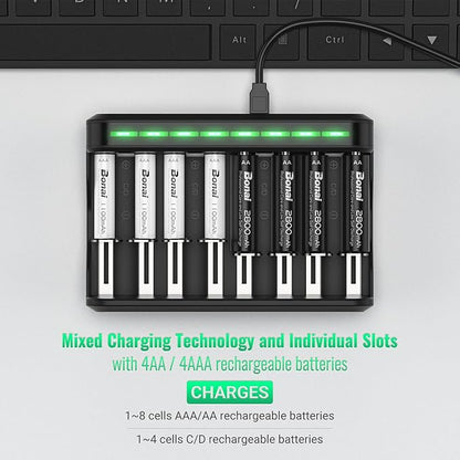 BONAI AA AAA Rechargeable Batteries Charger Set, 4 Pack 2800mAh AA and 4 Pack 1100mAh AAA NiMH Batteries with Smart Universal Battery Charger
