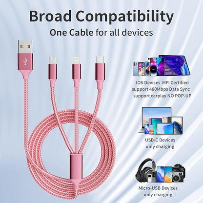 Multi Charging Cable,(2Pack 4FT) 3 in 1 Charging Cable for Multiple Devices, Nylon Braided Universal Charger Phone Charger Cord with Type-C,Micro USB,IP Port for iPhone16/15 Series/Phone&Pad-Pink
