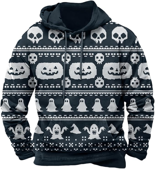 Halloween Hoodie Men Graphic Pumpkin Ghost Printed Sweatshirt Casual Trendy Long Sleeve Halloween Hooded Tops with Pockets