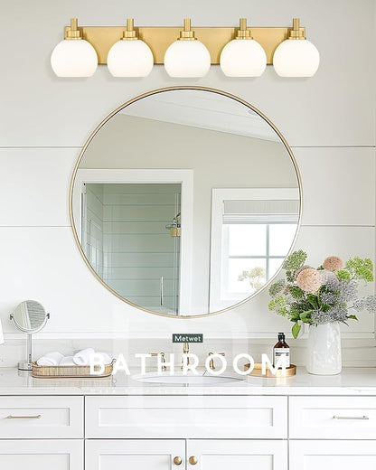 METWET Bathroom Light Fixtures, 5-Light Brushed Gold Bathroom Vanity Lights Over Mirror with Globe Milk White Glass Shade, 32 Inch Modern Vanity Lighting Fixtures, VL195-BG-ML-5