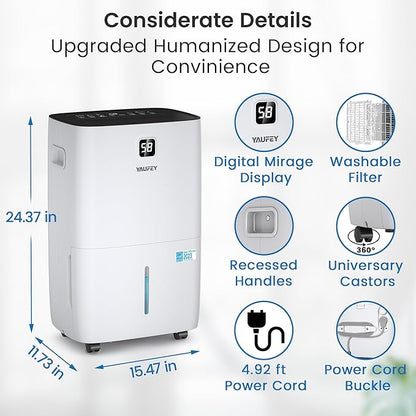 Yaufey 150 Pints Energy Star Dehumidifier with Pump for Home, Basement and Large Room up to 7500 Sq. Ft., With Drain Hose, Timer, Intelligent Humidity Control and Large Water Tank