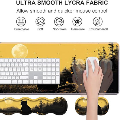 Ergonomic Keyboard Wrist Rest & Mouse Pad Wrist Rest Set, Large XXL Gaming Desk Mat 31.5"x 11.8" with Non-Slip Base, Memory Foam, Easy Typing Pain Relief for Home & Office, Black Cat