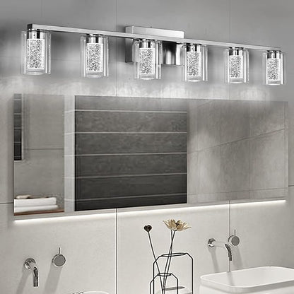 SADENICEL 6 Light Brushed Nickel Bathroom Light Fixtures, LED Vanity Lights Crystal White/Neutral/Warm Bathroom Lights Over Mirror for Bathroom, Bedroom,Living Room (6 Light)