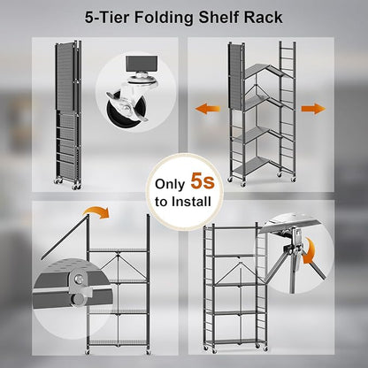 Himix Storage Shelves with 20 Hooks, 5-Tier Foldable Shelves for Storage, Folding Shelf Unit Pantry Shelves Bookshelf with Wheels, Vendor Display Racks for Craft Shows, Home, Grey - No Assembly