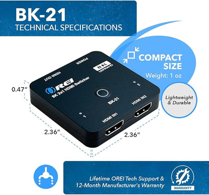 OREI 8K 2x1 HDMI Switch 4K@120hz - Auto HDMI Selector 48Gbps High Resolution Switch Between 2 Inputs Perfect for Gaming, PS5, Xbox, HDR10, Dolby Vision