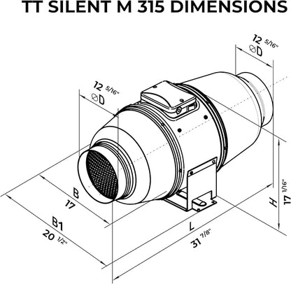 VENTS-US TT Silent M 315 Inline Duct Fan For High Static Pressure Application Up to 1050 CFM - UV Resistant, Sound Absorbing Casing, (12-3/8” Duct Diameter)