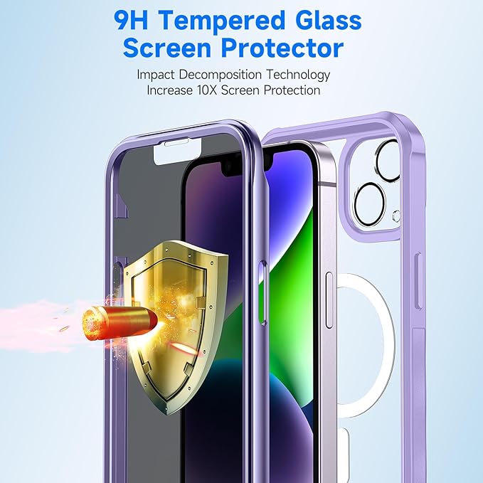 seacosmo for iPhone 14 Case, Full Body Bumper with Built-in 9H Tempered Glass Privacy Screen Protector and Camera Lens Protector, Compatible with MagSafe, Shockproof 14 Phone Case, 6.1", Light Purple