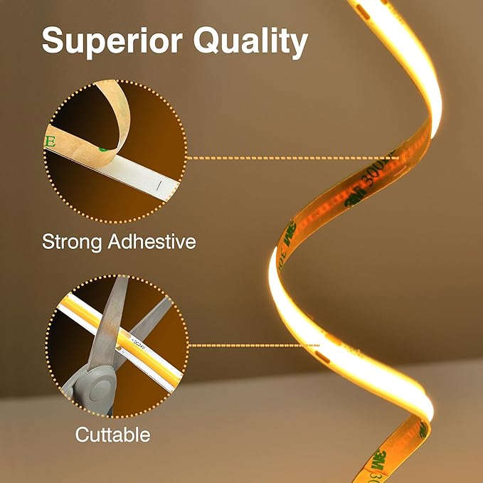 Pandery COB LED Strip Lights Warm White,24V Dimmable led Light Strip KIT with Remote and app Control,2700K 50FT/15m 8mm Wide Ra>90 Cuttable Flexible Strip Lights forBedroom,Wardrobe,Cabinet