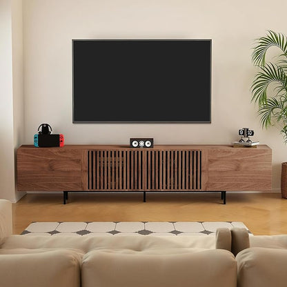 Pajiasen 94.48″ Mid Century Modern Walnut TV Stand with Grille Doors, Storage Cabinets,Entertainment Center for TVs Up to 80",Media Console for Living Room or Bedroom