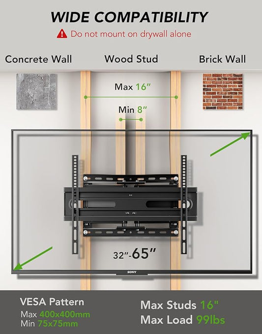 AX WABER TV Wall Mount Bracket for 32-65 Inch TV Full Motion Dual Articulating Arm with Swivel & Tilt, Max VESA 400x400mm，Fits 8” 12” 16" Studs, Supports 99 lbs for Flat & Curved Screens AX02MB01﻿