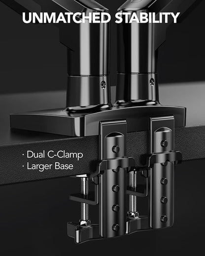 HUANUO Dual Monitor Stand, Fully Adjustable Gaming Monitor Desk Mount for 13–32″ Computer Screens, Full Motion VESA 75x75/100x100 with C-Clamp & Grommet Base, Each Arm Holds 4.4 to 19.8 lbs