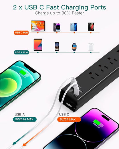 15Ft Extension Cord - Addtam Long Cord Power Strip with 6 AC Outlets and 4 USB Ports(2USB C), Wall Mount with Surge Protection, Multi Plug Outlets for Home Office College Dorm Room Essentials