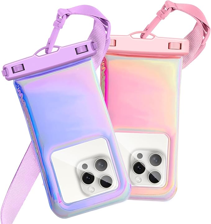 Floatable Waterproof Phone Pouch for iPhone 16 Pro Max/15/14/13/12, IP68 Travel Cellphone Dry Bag Beach Cruise Ship Essentials Bags with Crossbody Lanyard, Iridescent Purple and Pink-7″2 Pax