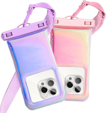Floatable Waterproof Phone Pouch for iPhone 16 Pro Max/15/14/13/12, IP68 Travel Cellphone Dry Bag Beach Cruise Ship Essentials Bags with Crossbody Lanyard, Iridescent Purple and Pink-7″2 Pax