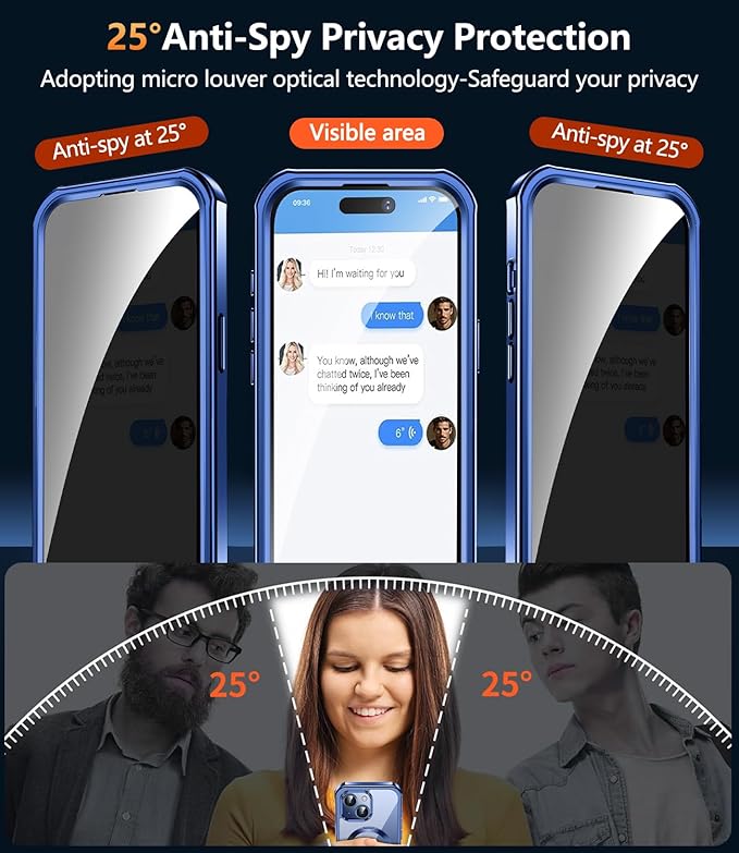 [360° Rotatable CD Stand & Built-in Privacy Screen Magnetic Case for iPhone 15 [Compatible with MagSafe & Full Signal] Mil-Grade Shockproof Full Body Anti-Spy Cover for 15-Blue