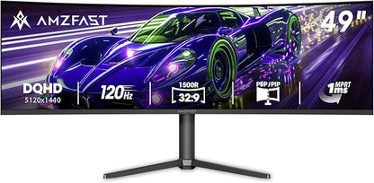Amzfast 49 Inch Curved Monitor 120Hz DQHD 5120x1440p Ultrawide Gaming Monitor, 120% sRGB, 1500R, 1ms MPRT, HDR, Adaptive Sync, PIP/PBP, Height Adjustable, HDMI 2.0/DP 1.4, VESA 75x75, AMZG49C7U