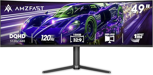 Amzfast 49 Inch Curved Monitor 120Hz DQHD 5120x1440p Ultrawide Gaming Monitor, 120% sRGB, 1500R, 1ms MPRT, HDR, Adaptive Sync, PIP/PBP, Height Adjustable, HDMI 2.0/DP 1.4, VESA 75x75, AMZG49C7U