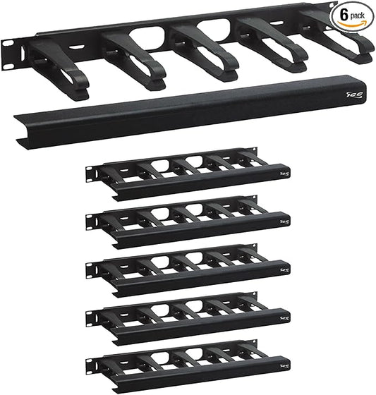ICC 1U Ring Cable Manager Panel with Cover, Plastic with Metal Back Frame, 4" D-Rings, Horizontal Cable Management, Rackmount for 19” Network Racks, Black, 6-Pack