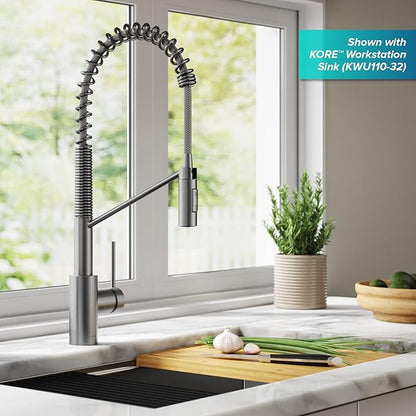 KRAUS Oletto Commercial Style Single Handle Pull Down Kitchen Faucet with QuickDock Top Mount Installation Assembly in Spot Free Stainless Steel, KPF-2631SFS