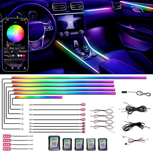 Acrylic Interior Car LED Strip Lights, Colorful 18-in-1 Car Ambient Lighting Kit, with Wireless APP Control, 622 LED Fiber Optic Strip Lights for Cars, Supports Neon Sync with Music DIY Mode.