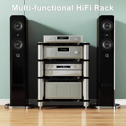SQXLXDD 4-Tier AV Media Stand, Amplifier Rack Cabinet for Stereo Component Game Console DVD Player WiFi Router, Home Theater Office Living Room Organizer (Black, 4-Tier)